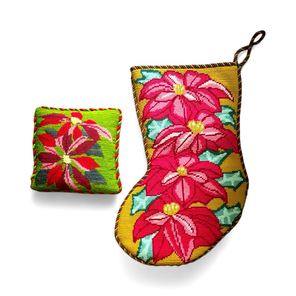 Handmade Vintage Needlepoint Poinsettia Christmas Stocking and Pillow Set